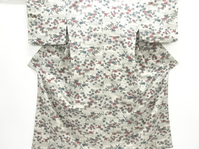 大正ロマン　霞に草花模様織り出しお召着物